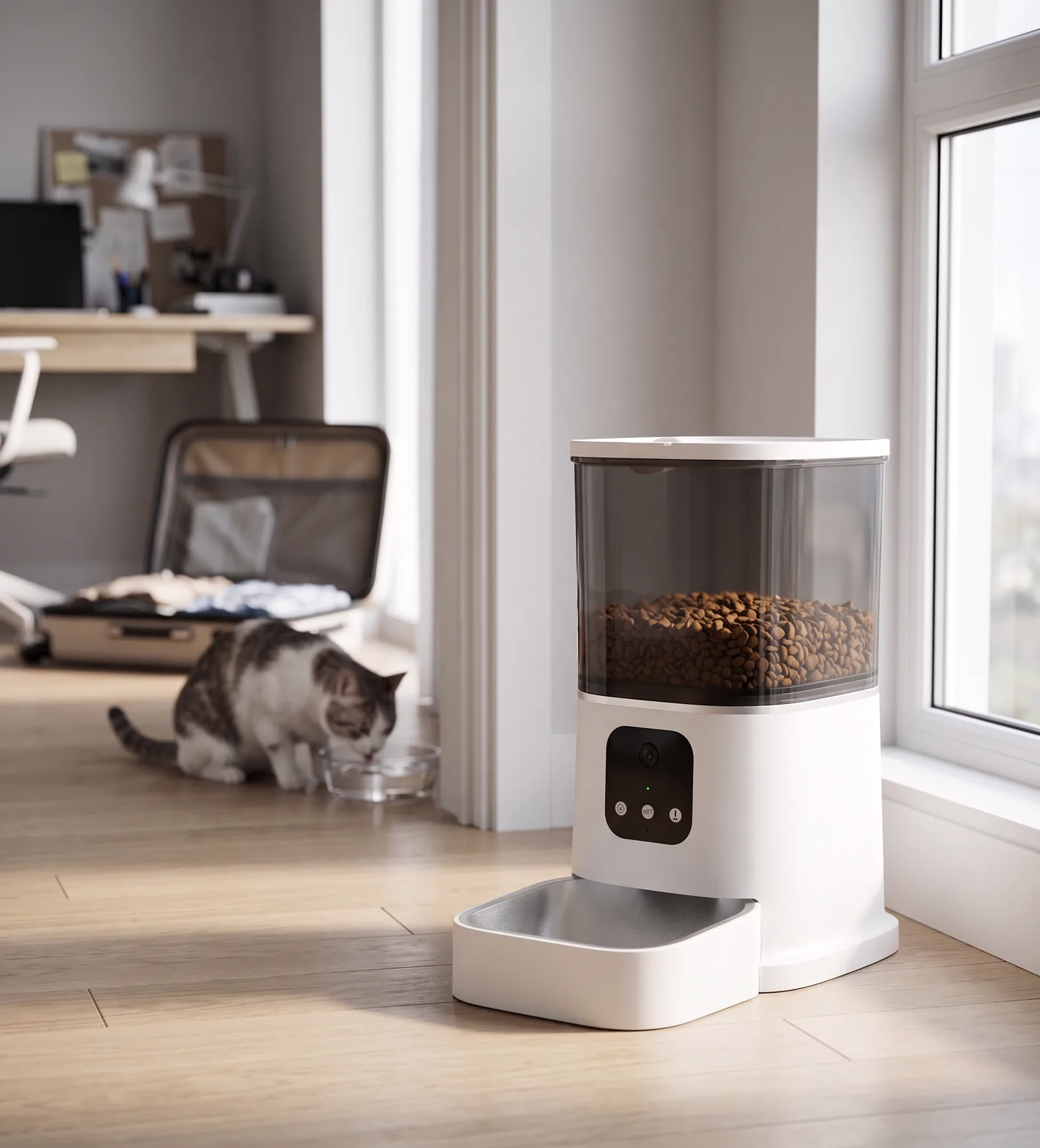 The feeder placed in a room, set to drop a meal on schedule
